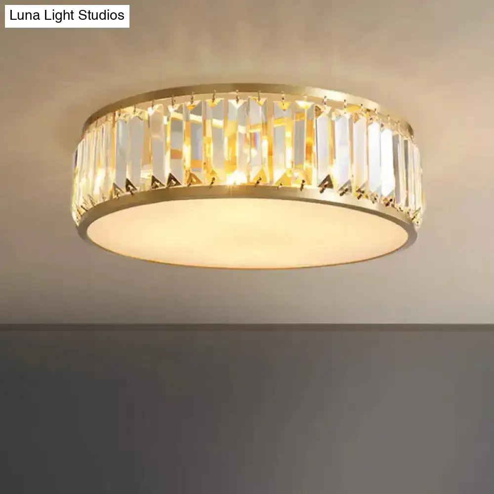 Gold Crystal Drum Flush Mount Lamp: Simplicity 3/4/5 Bulbs Bedroom Ceiling Light Width Options