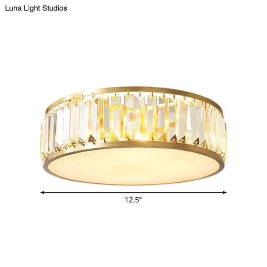 Gold Crystal Drum Flush Mount Lamp: Simplicity 3/4/5 Bulbs Bedroom Ceiling Light Width Options