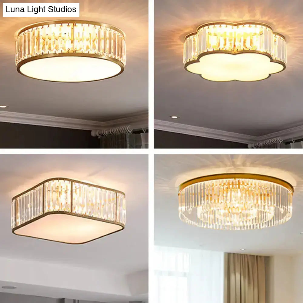 Gold Crystal Drum Flush Mount Lamp: Simplicity 3/4/5 Bulbs Bedroom Ceiling Light Width Options