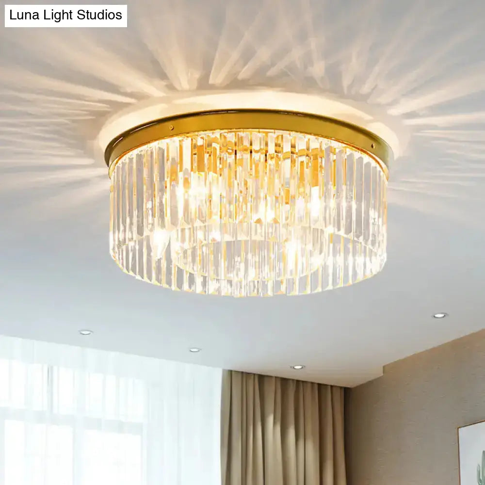 Gold Crystal Drum Flush Mount Lamp: Simplicity 3/4/5 Bulbs Bedroom Ceiling Light Width Options