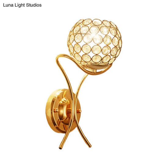 Gold Crystal Encrusted Ball Sconce - Modernist Wall Mount Lamp With 1 Light