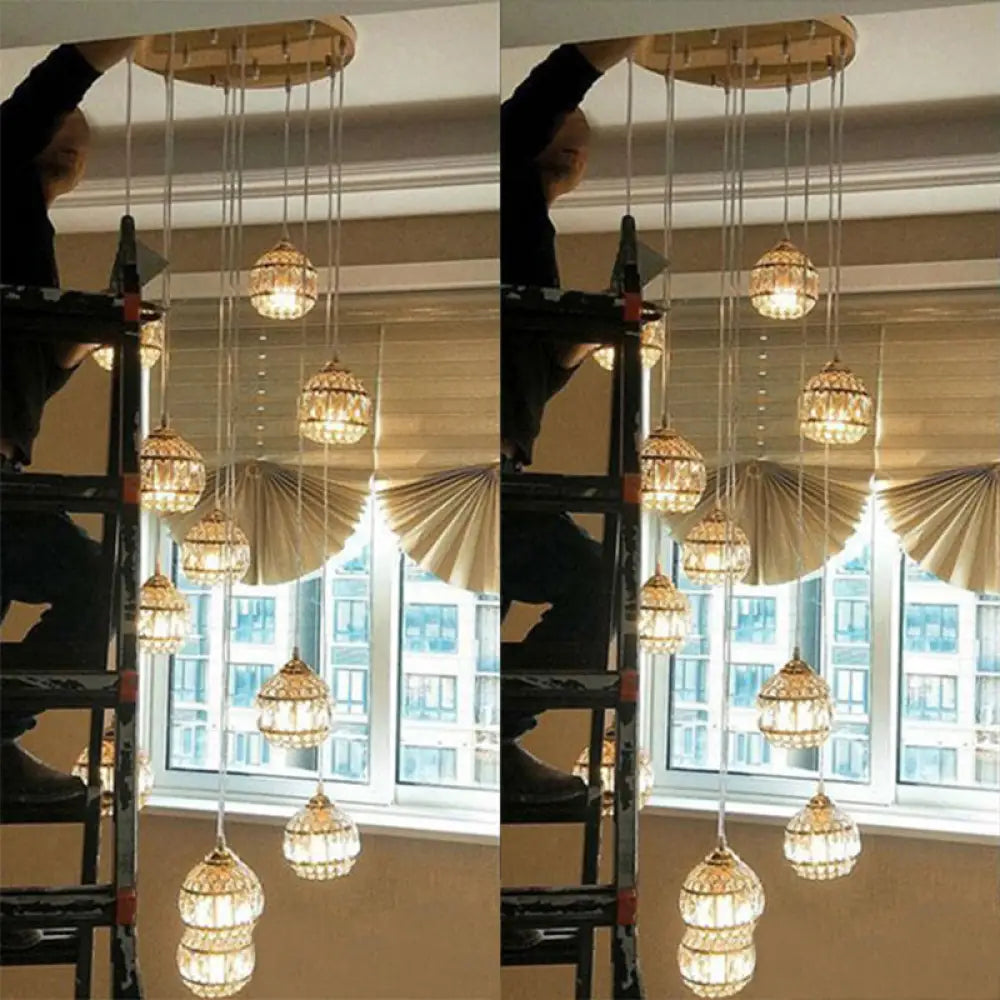 Gold Crystal Encrusted Sphere Pendant – Modern Style Ceiling Hanging Lantern For Staircase 12 /