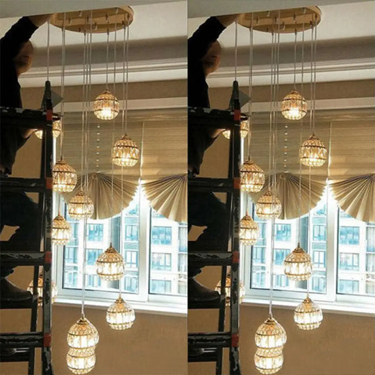Gold Crystal Encrusted Sphere Pendant – Modern Style Ceiling Hanging Lantern For Staircase 12 /