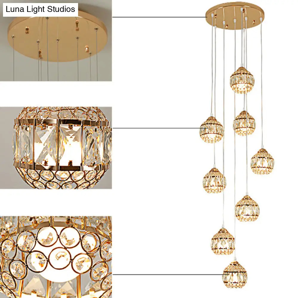 Gold Crystal Encrusted Sphere Pendant – Modern Style Ceiling Hanging Lantern For Staircase
