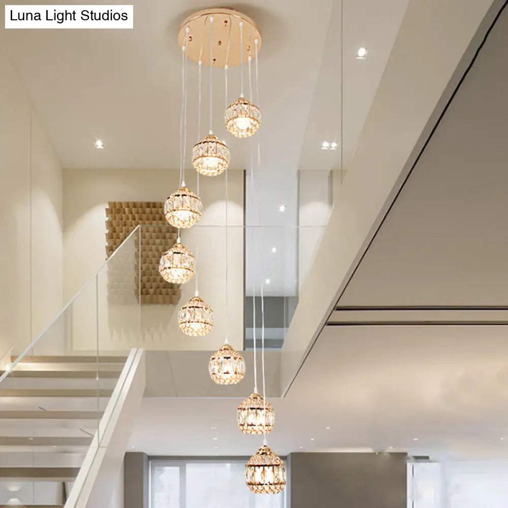 Gold Crystal Encrusted Sphere Pendant – Modern Style Ceiling Hanging Lantern For Staircase