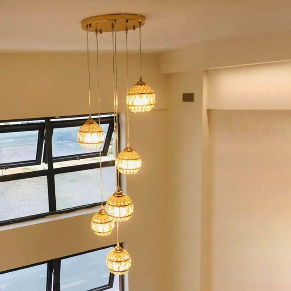 Gold Crystal Encrusted Sphere Pendant – Modern Style Ceiling Hanging Lantern For Staircase 6 /