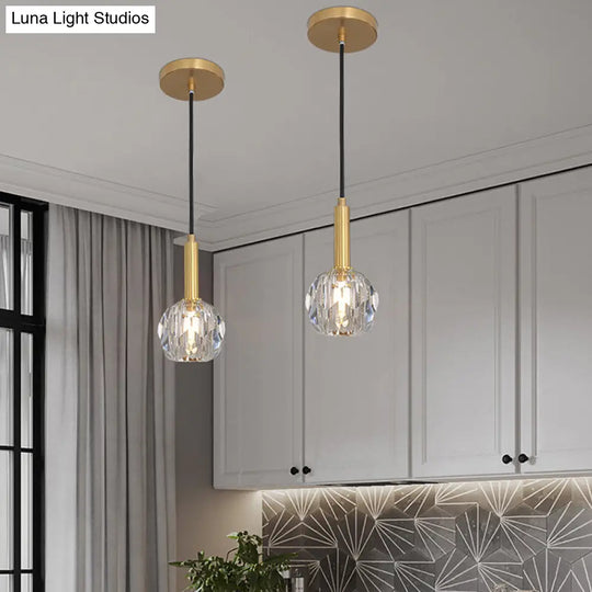 Gold Dining Room Pendant Lamp: Clear Crystal Faceted Ball With 1-Light Kit