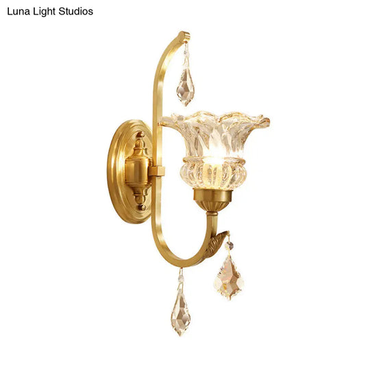 Gold Crystal Flared Wall Sconce With Twisted Arm For Dining Room