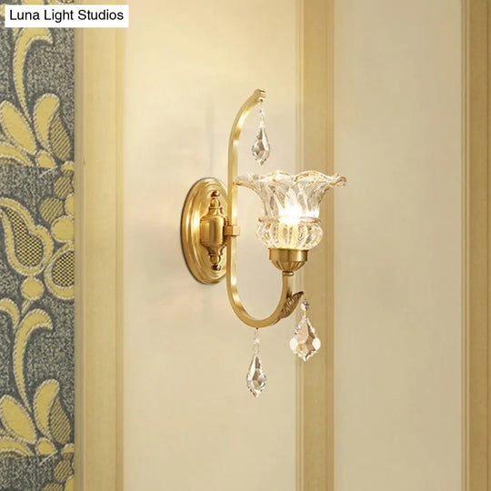 Gold Crystal Flared Wall Sconce With Twisted Arm For Dining Room