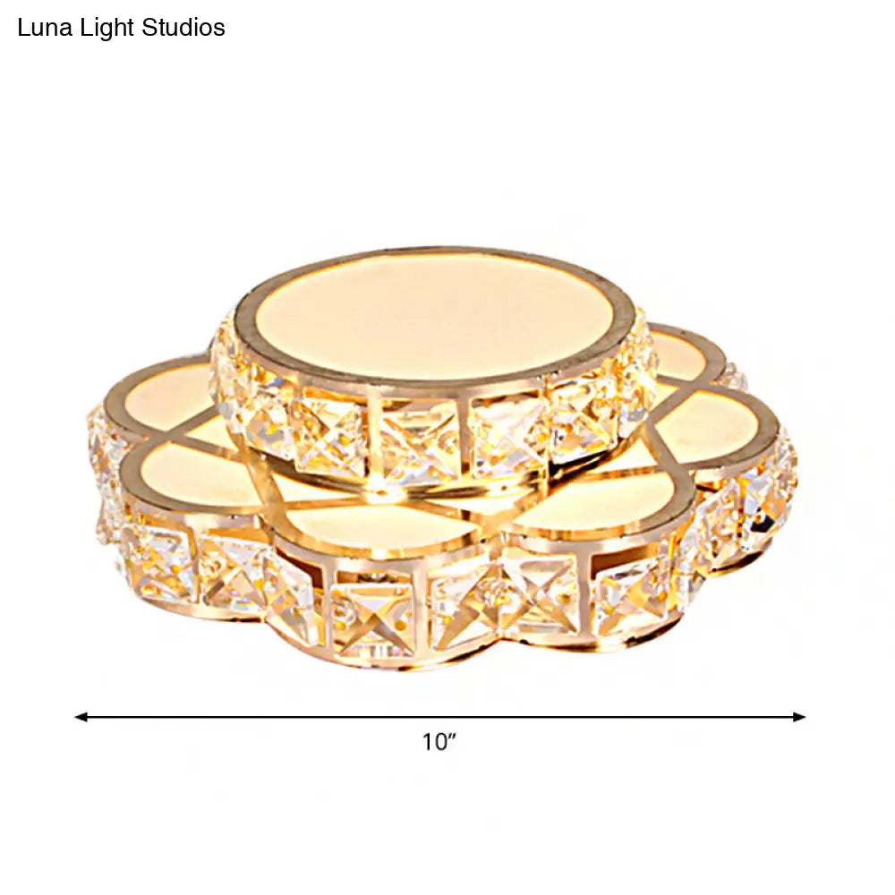 Gold Crystal Floral Flushmount Led Ceiling Fixture With Warm/White Light