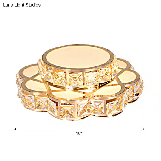 Gold Crystal Floral Flushmount Led Ceiling Fixture With Warm/White Light