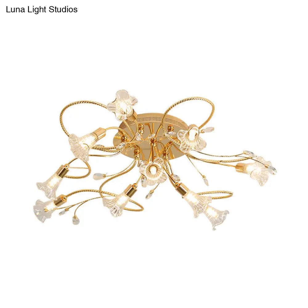 Gold Crystal Floral Semi Flush Mount Modern Ceiling Lighting For Living Room - 10/15 Heads