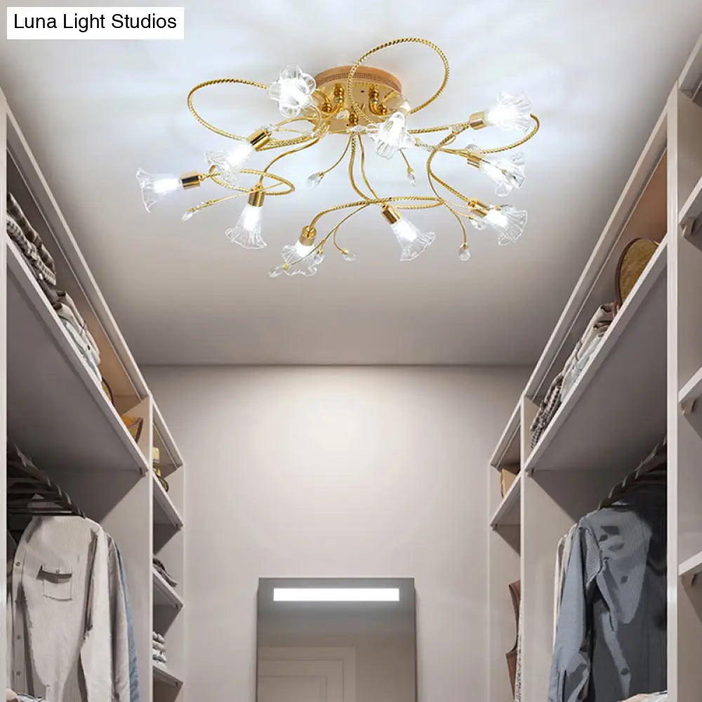 Gold Crystal Floral Semi Flush Mount Modern Ceiling Lighting For Living Room - 10/15 Heads