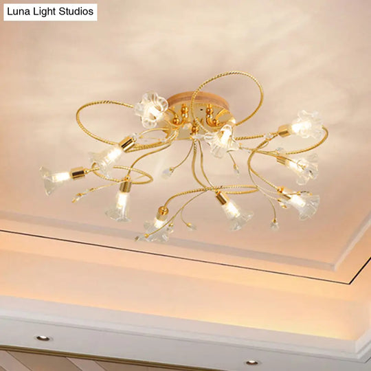 Gold Crystal Floral Semi Flush Mount Modern Ceiling Lighting For Living Room - 10/15 Heads 10 /