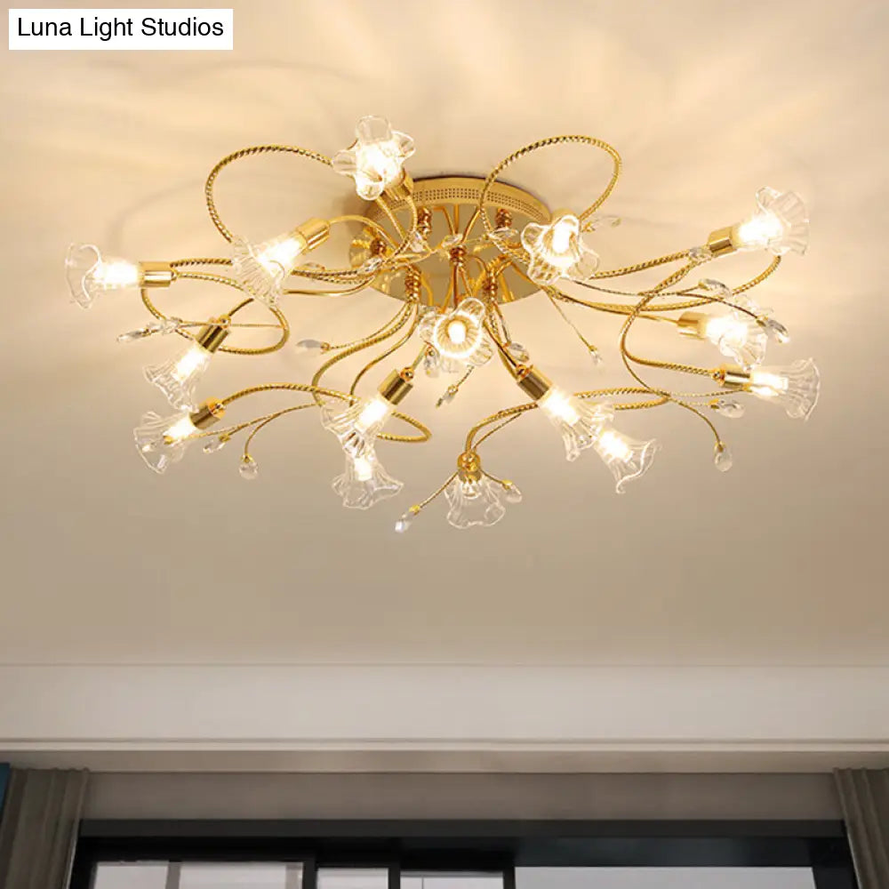 Gold Crystal Floral Semi Flush Mount Modern Ceiling Lighting For Living Room - 10/15 Heads 15 /