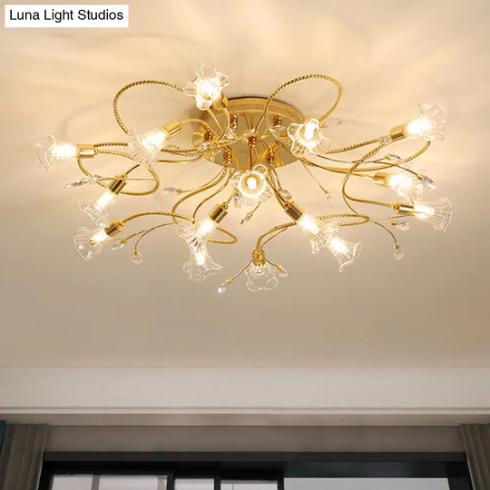 Gold Crystal Floral Semi Flush Mount Modern Ceiling Lighting For Living Room - 10/15 Heads 15 /