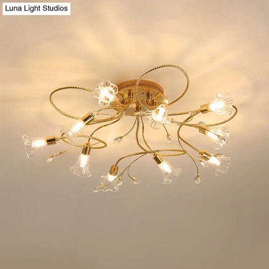 Gold Crystal Floral Semi Flush Mount Modern Ceiling Lighting For Living Room - 10/15 Heads