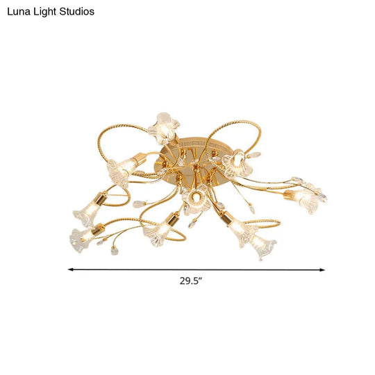 Gold Crystal Floral Semi Flush Mount Modern Ceiling Lighting For Living Room - 10/15 Heads