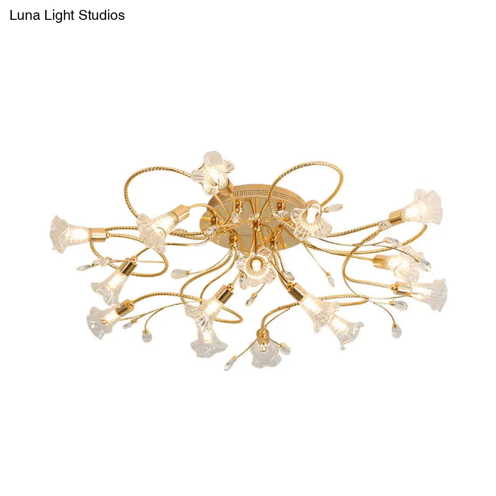 Gold Crystal Floral Semi Flush Mount Modern Ceiling Lighting For Living Room - 10/15 Heads