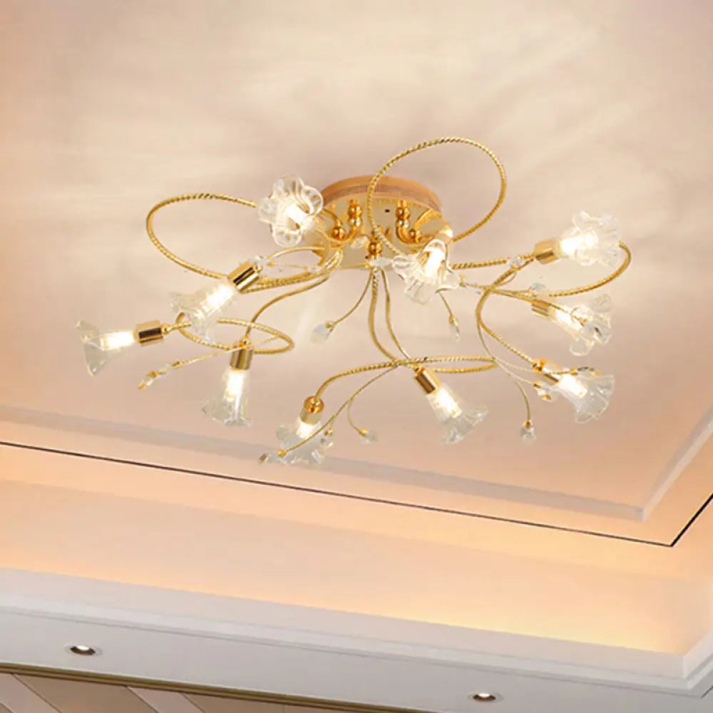 Gold Crystal Floral Semi Flush Mount Modern Ceiling Lighting For Living Room - 10/15 Heads 10 /