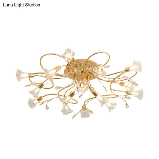 Gold Crystal Floral Semi Flush Mount Modern Ceiling Lighting For Living Room - 10/15 Heads