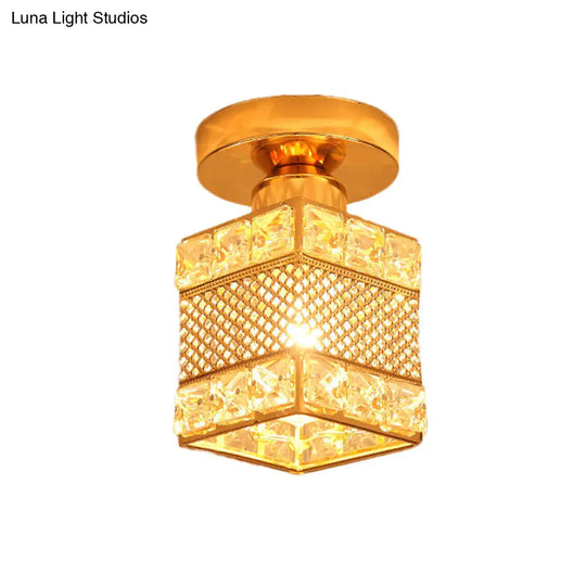 Gold Crystal Flush Mount Ceiling Lamp - Elegant 1-Light Fixture For Hallways