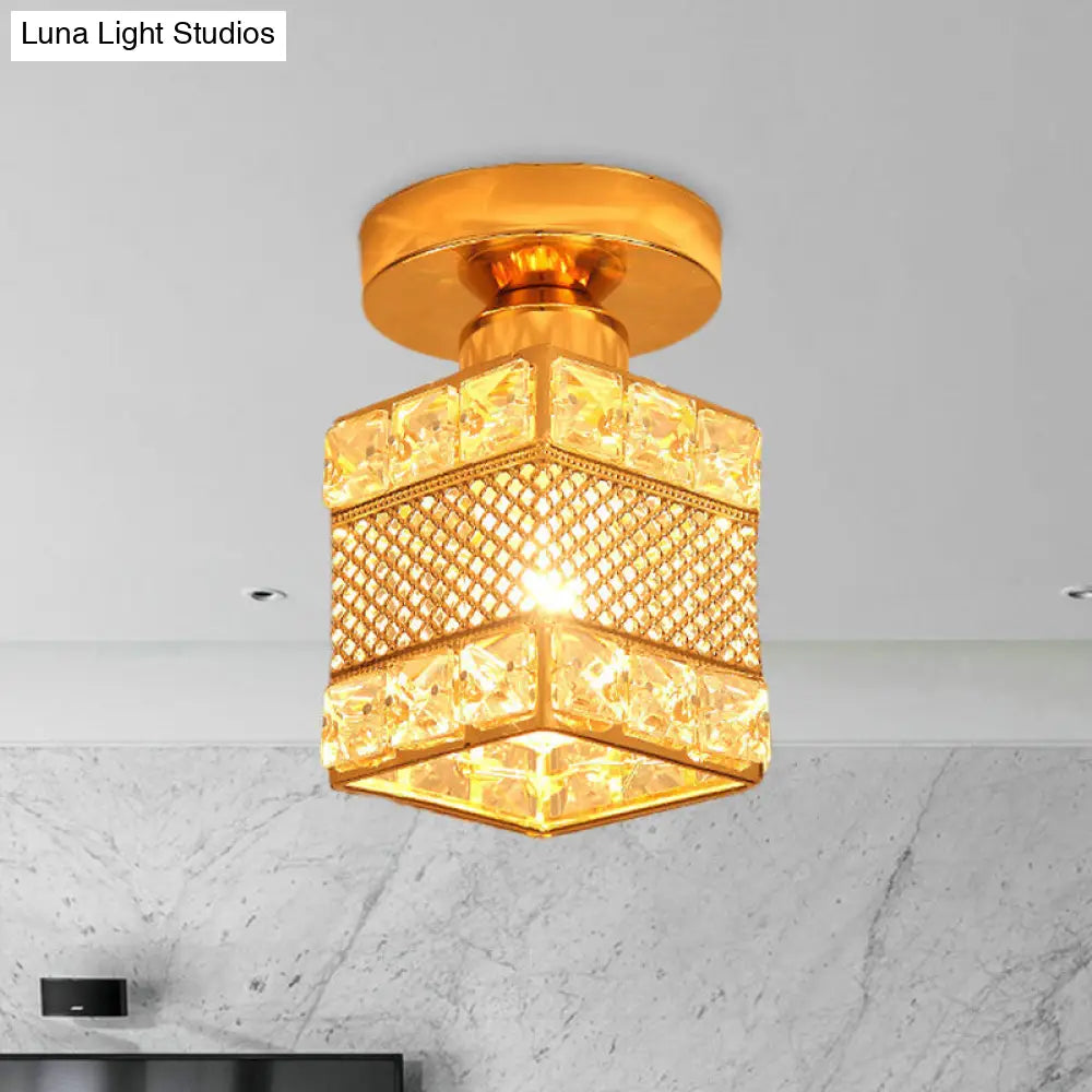 Gold Crystal Flush Mount Ceiling Lamp - Elegant 1-Light Fixture For Hallways