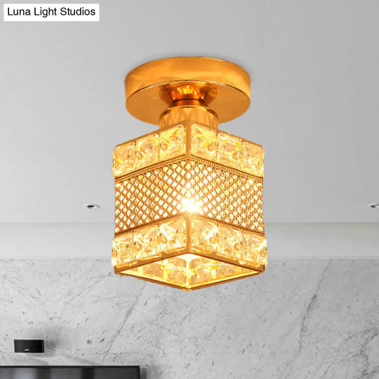 Gold Crystal Flush Mount Ceiling Lamp - Elegant 1-Light Fixture For Hallways