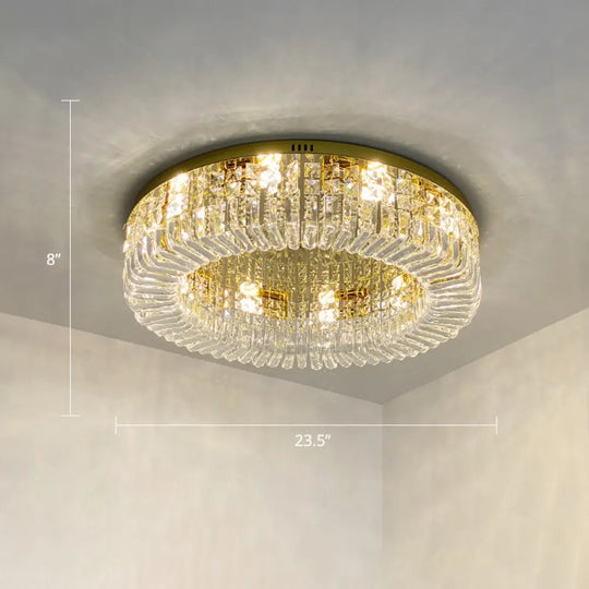 Gold Crystal Flush Mount Lamp - Sleek Round Ceiling Fixture For Living Room / 23.5’