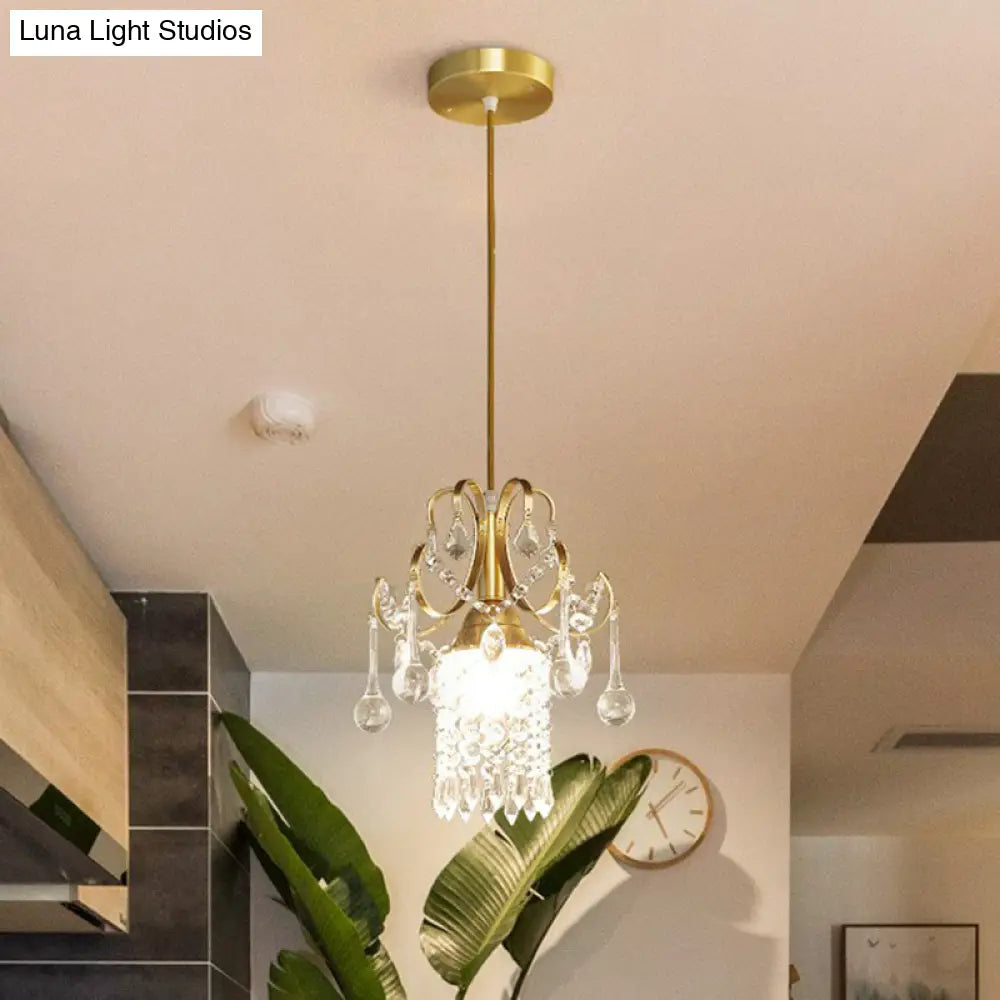 Gold Crystal Fringe Pendant Light - Traditional 1-Light Suspension For Dining Room