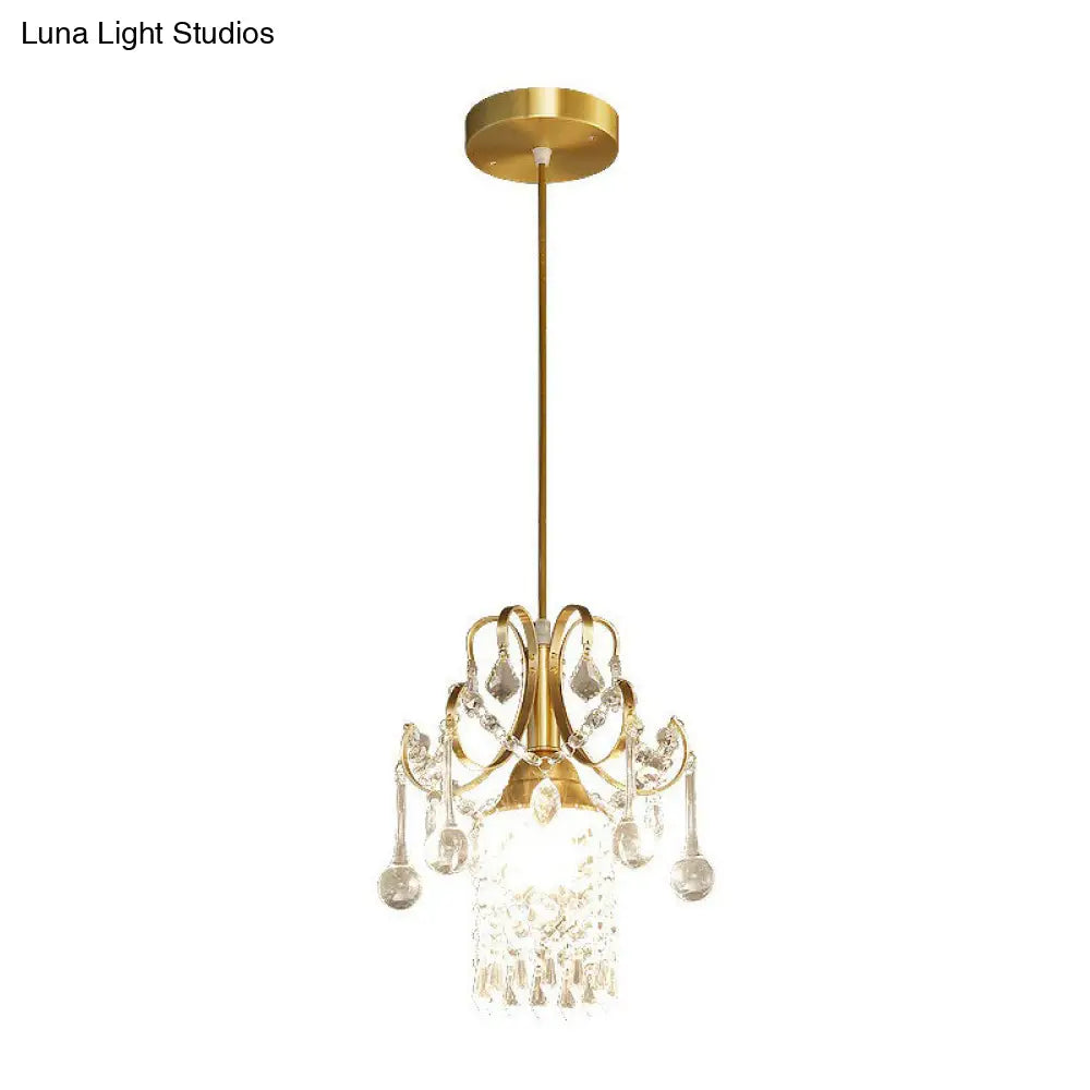 Gold Crystal Fringe Pendant Light - Traditional 1-Light Suspension For Dining Room