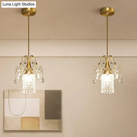 Gold Crystal Fringe Pendant Light - Traditional 1-Light Suspension For Dining Room