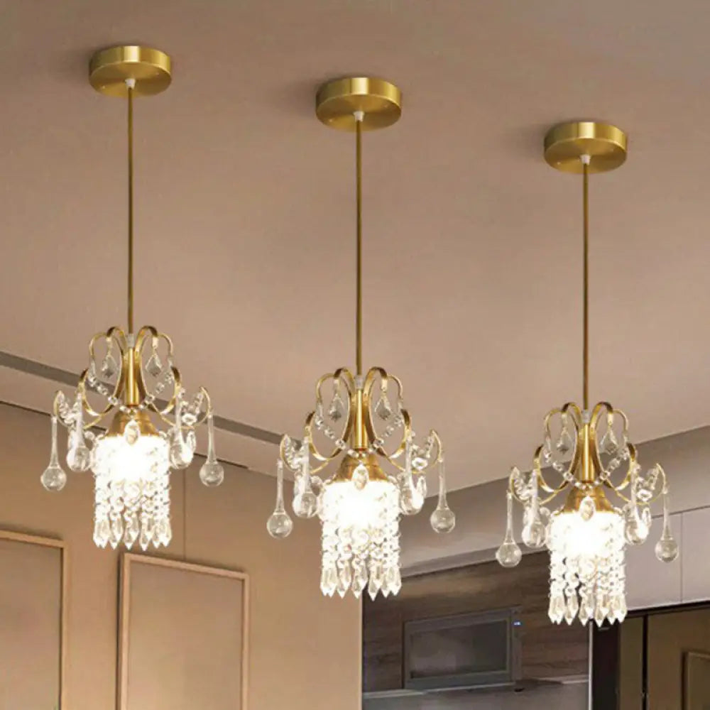 Gold Crystal Fringe Pendant Light - Traditional 1-Light Suspension For Dining Room Clear