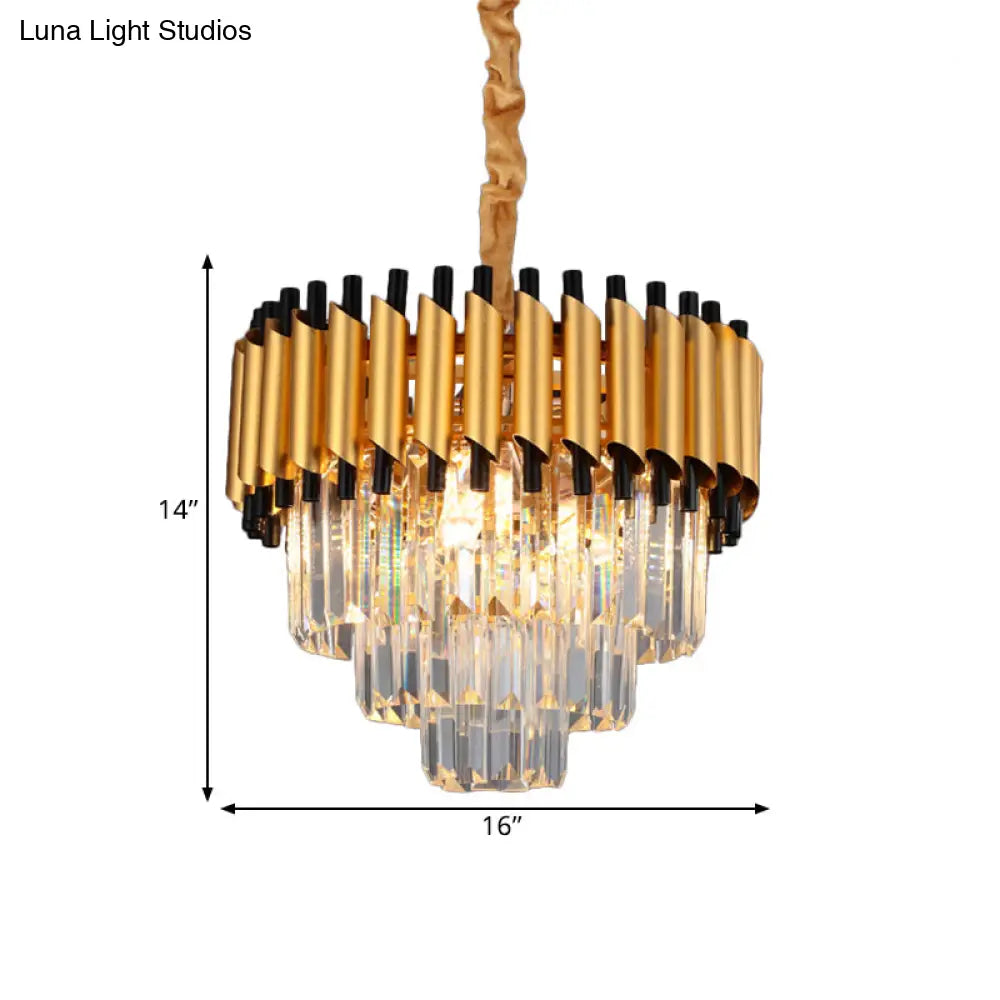 Gold Crystal Layered Tapered Chandelier - Postmodern Pendant With 4/6 Down Lights