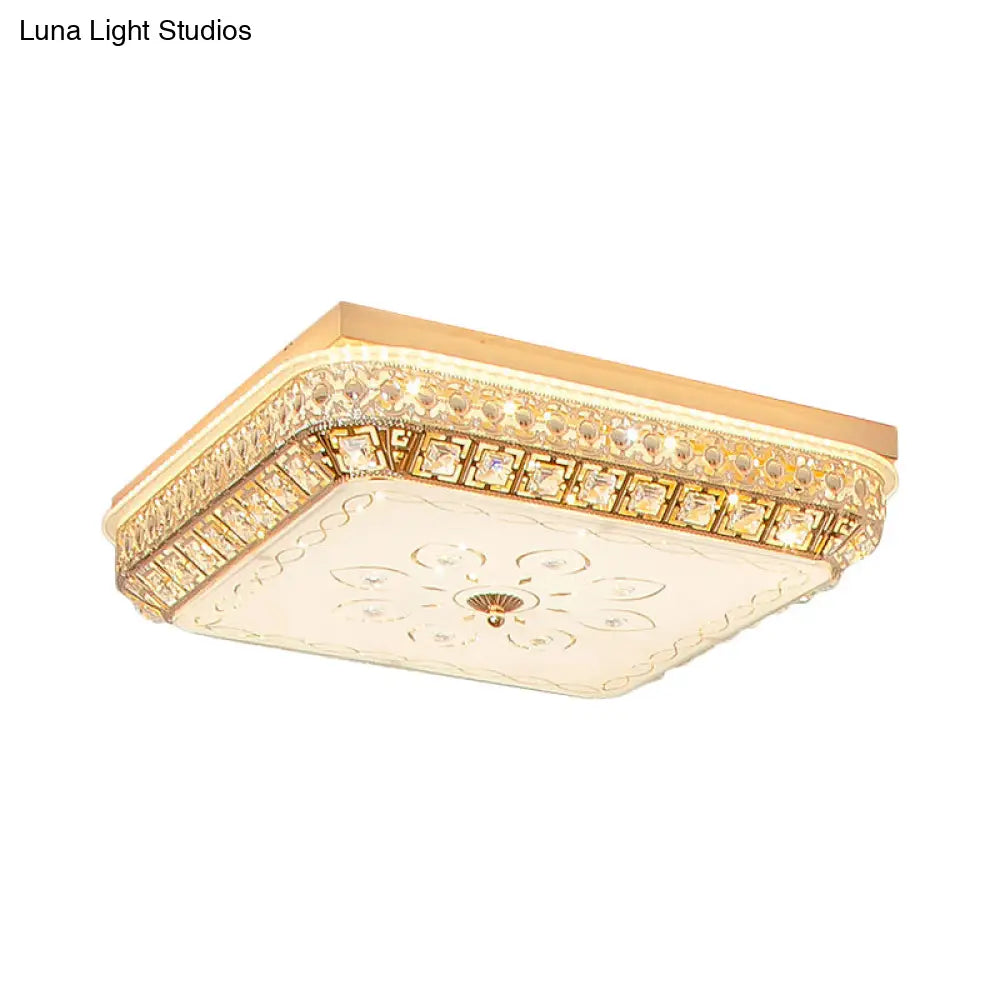 Gold Crystal Led Flushmount Light For Bedroom With Simple Squared Design