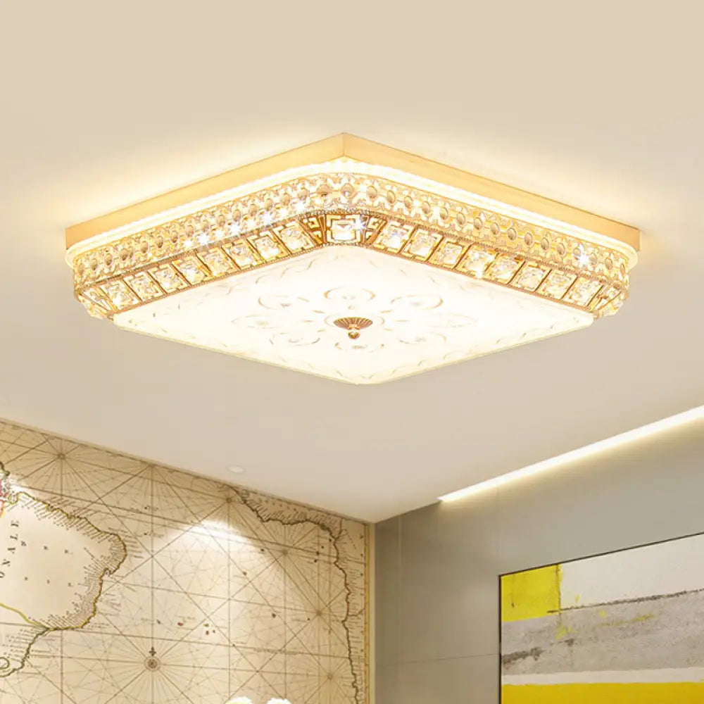 Gold Crystal Led Flushmount Light For Bedroom With Simple Squared Design