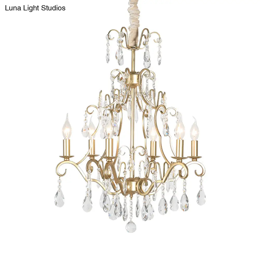 Gold Crystal Pendant Chandelier With 6 Lights For Bedroom - Lodge Style Curvy Arm Design