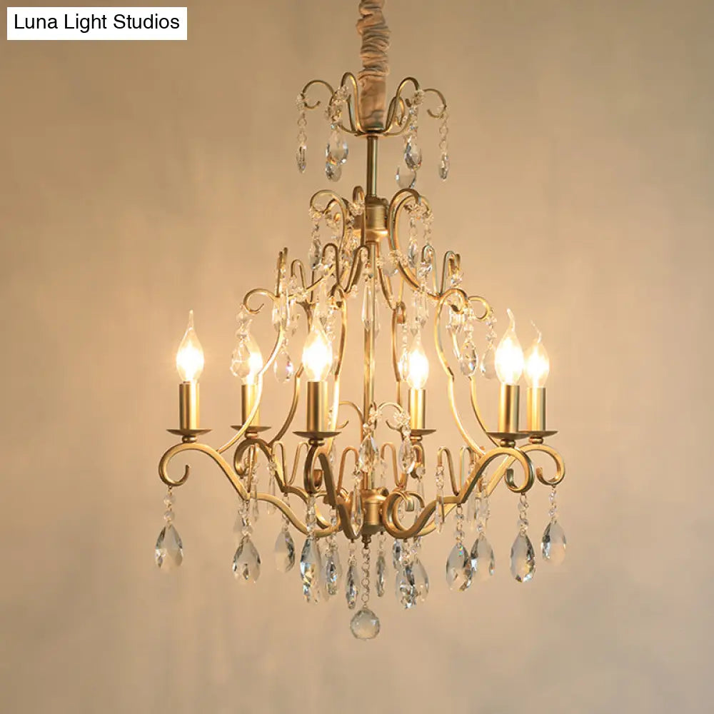 Gold Crystal Pendant Chandelier With 6 Lights For Bedroom - Lodge Style Curvy Arm Design