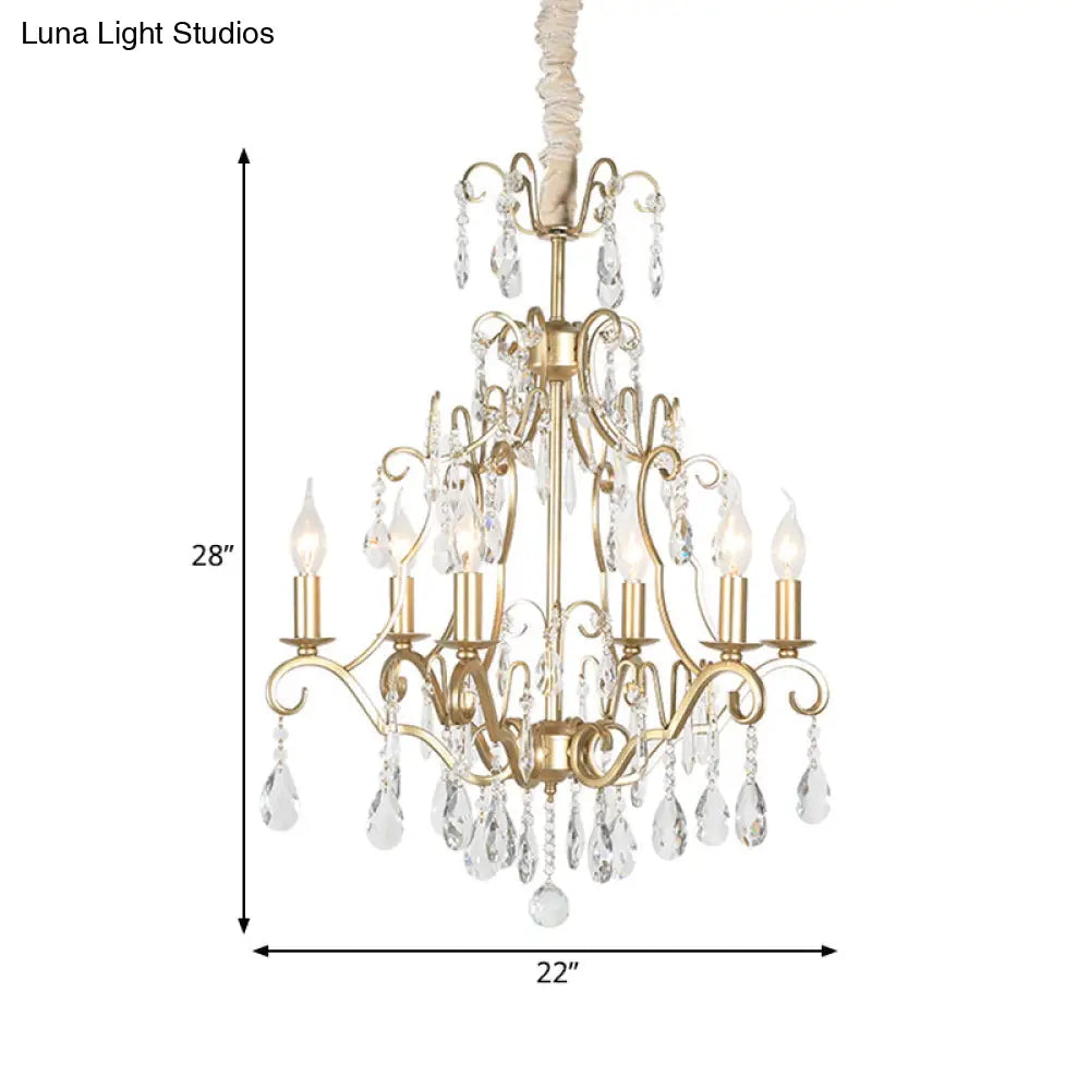 Gold Crystal Pendant Chandelier With 6 Lights For Bedroom - Lodge Style Curvy Arm Design