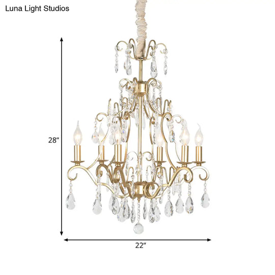 Gold Crystal Pendant Chandelier With 6 Lights For Bedroom - Lodge Style Curvy Arm Design