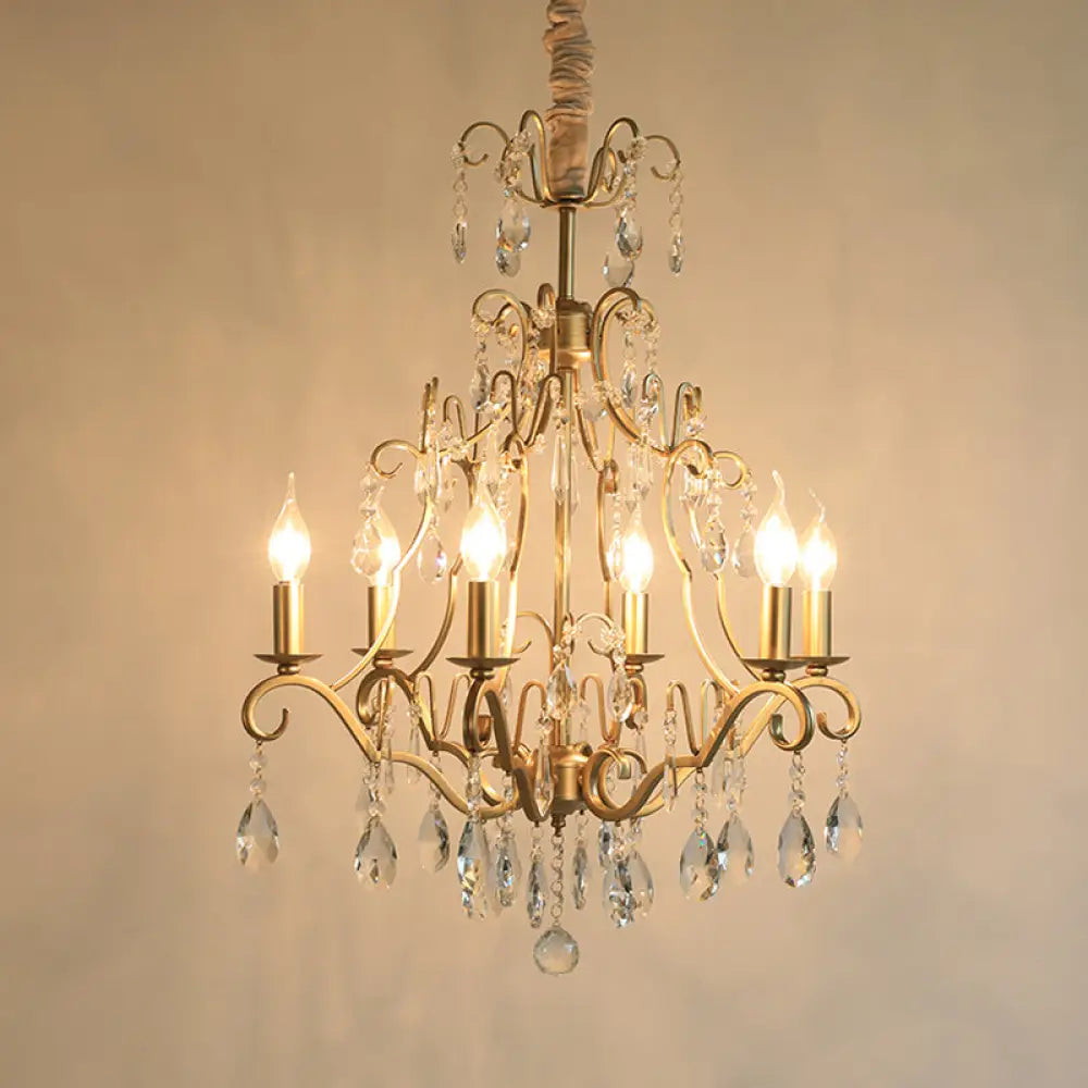 Gold Crystal Pendant Chandelier With 6 Lights For Bedroom - Lodge Style Curvy Arm Design