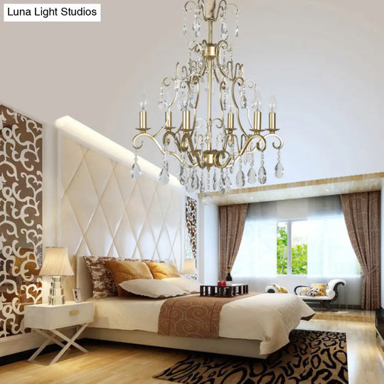 Gold Crystal Pendant Chandelier With 6 Lights For Bedroom - Lodge Style Curvy Arm Design