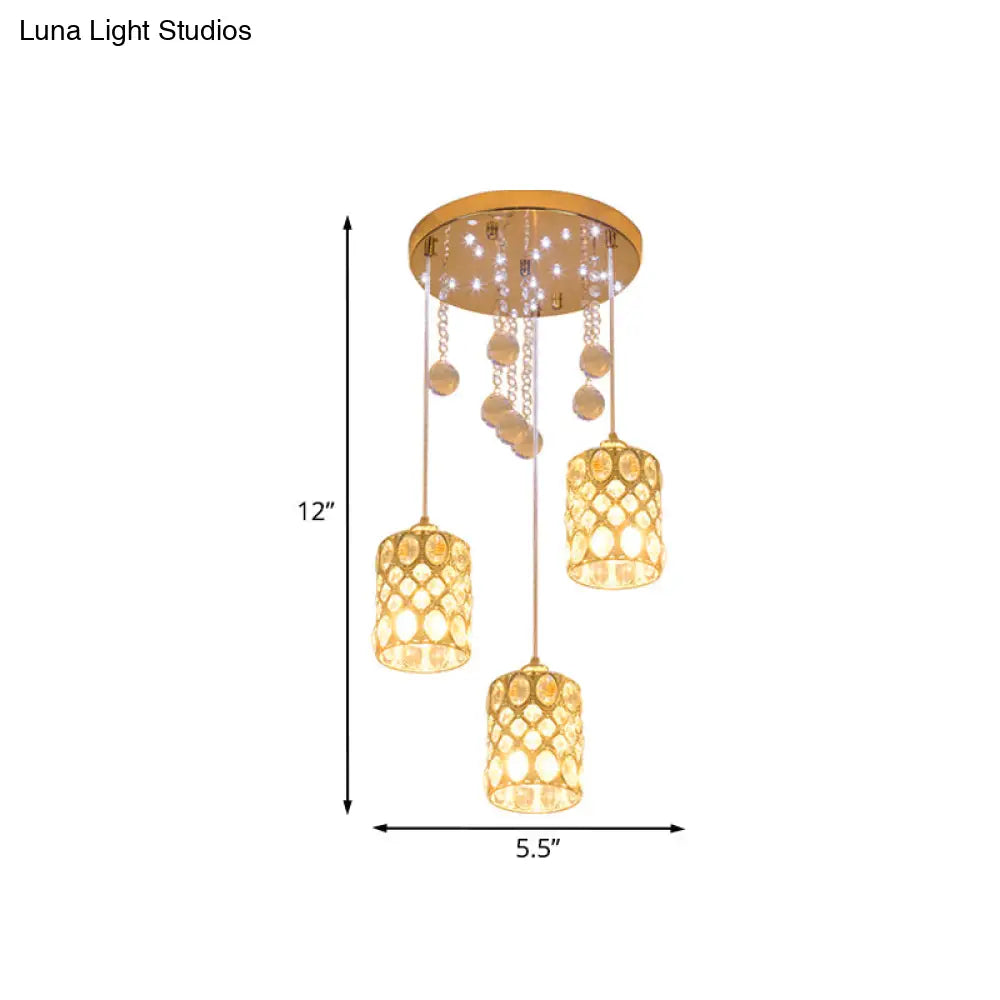 Gold Crystal Pendant Light With 3 Clustered Cylindrical Inserts For Bedroom