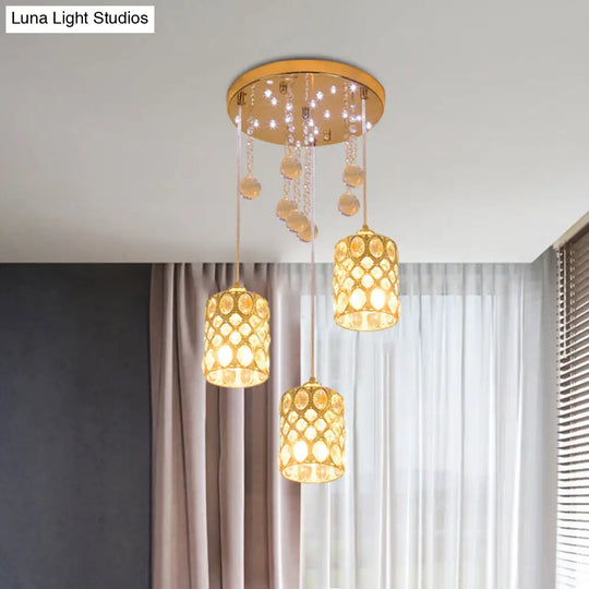 3-Light Cluster Pendant In Gold With Sleek Crystal Inserts For Bedroom