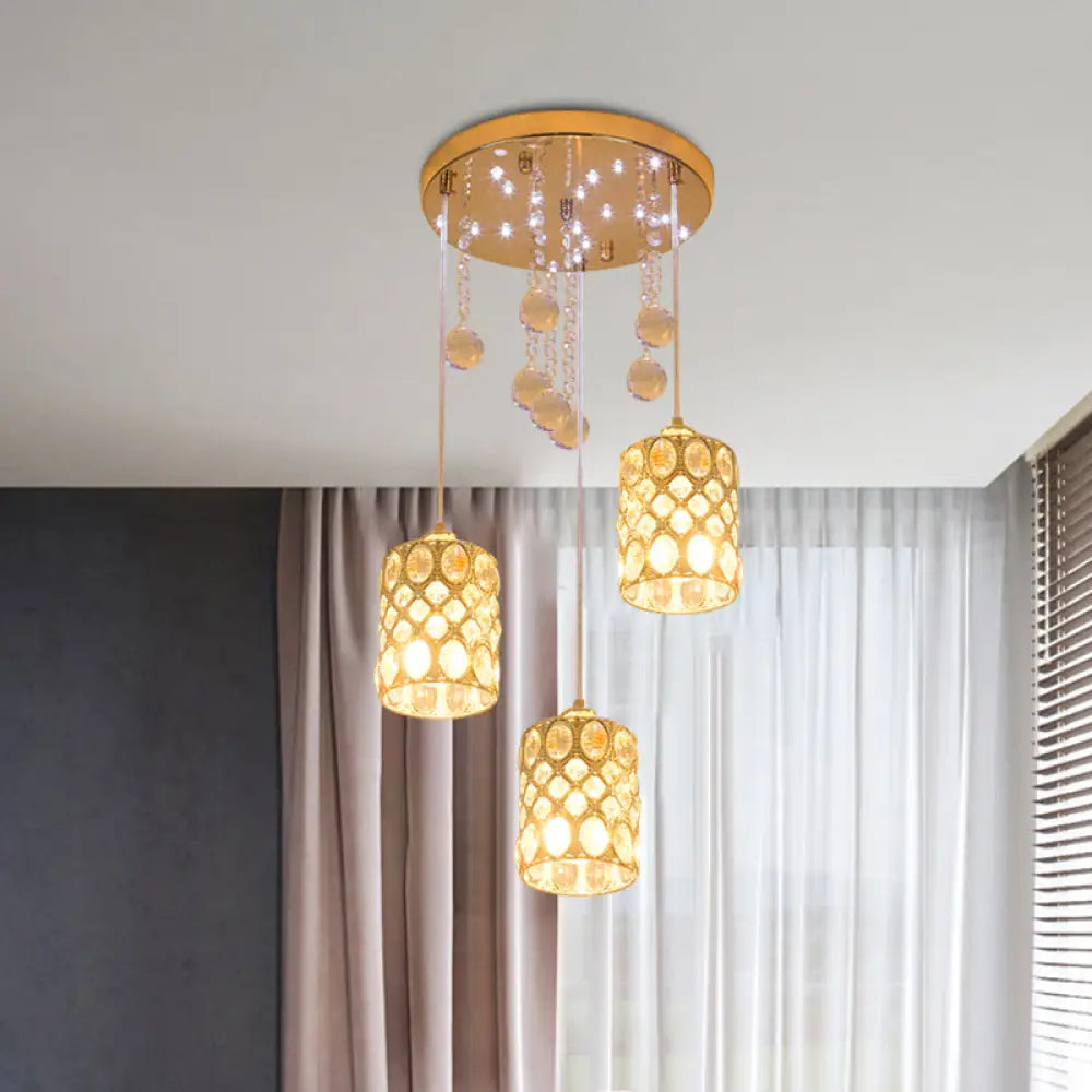 Gold Crystal Pendant Light With 3 Clustered Cylindrical Inserts For Bedroom