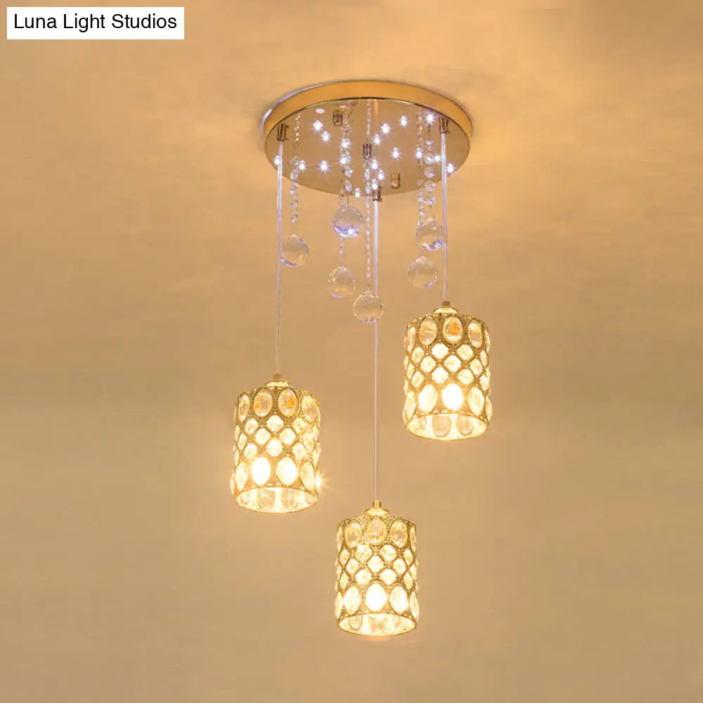 Gold Crystal Pendant Light With 3 Clustered Cylindrical Inserts For Bedroom