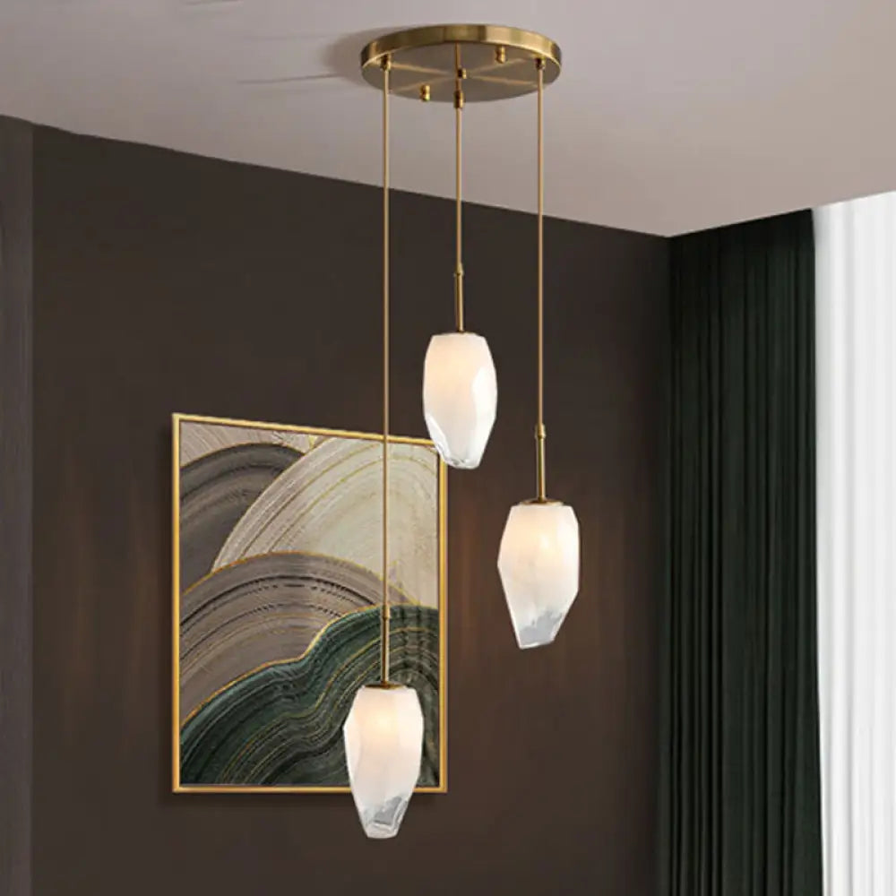 Gold Crystal Pendant Light With 3 Minimalist Downlights And Linear/Round Canopy / Round