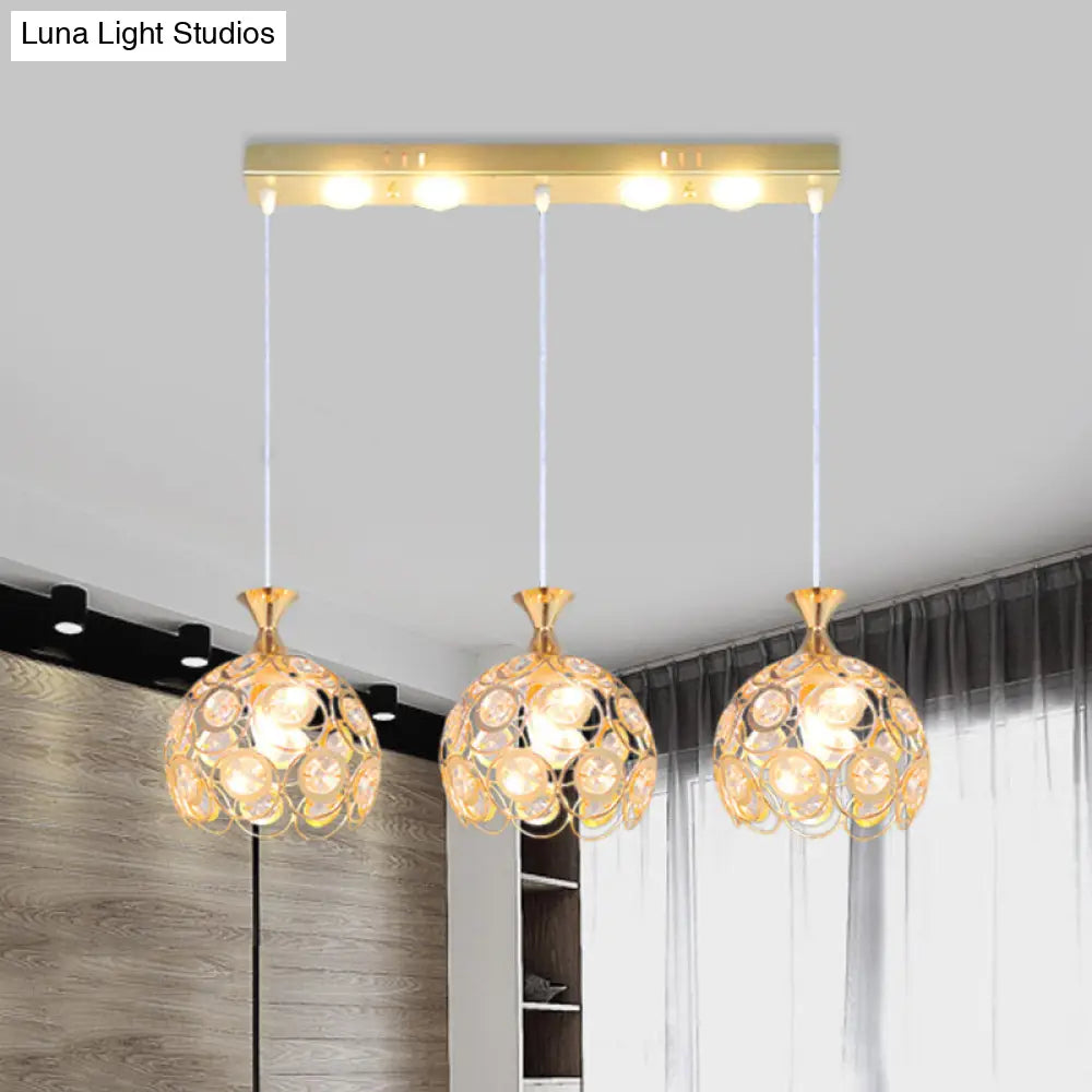 Gold Crystal-Encrusted 3-Bulb Pendulum Pendant Lamp - Modern Dining Room Fixture