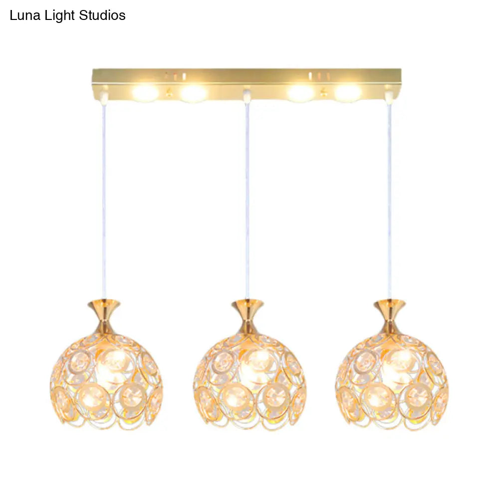 Gold Crystal-Encrusted 3-Bulb Pendulum Pendant Lamp - Modern Dining Room Fixture