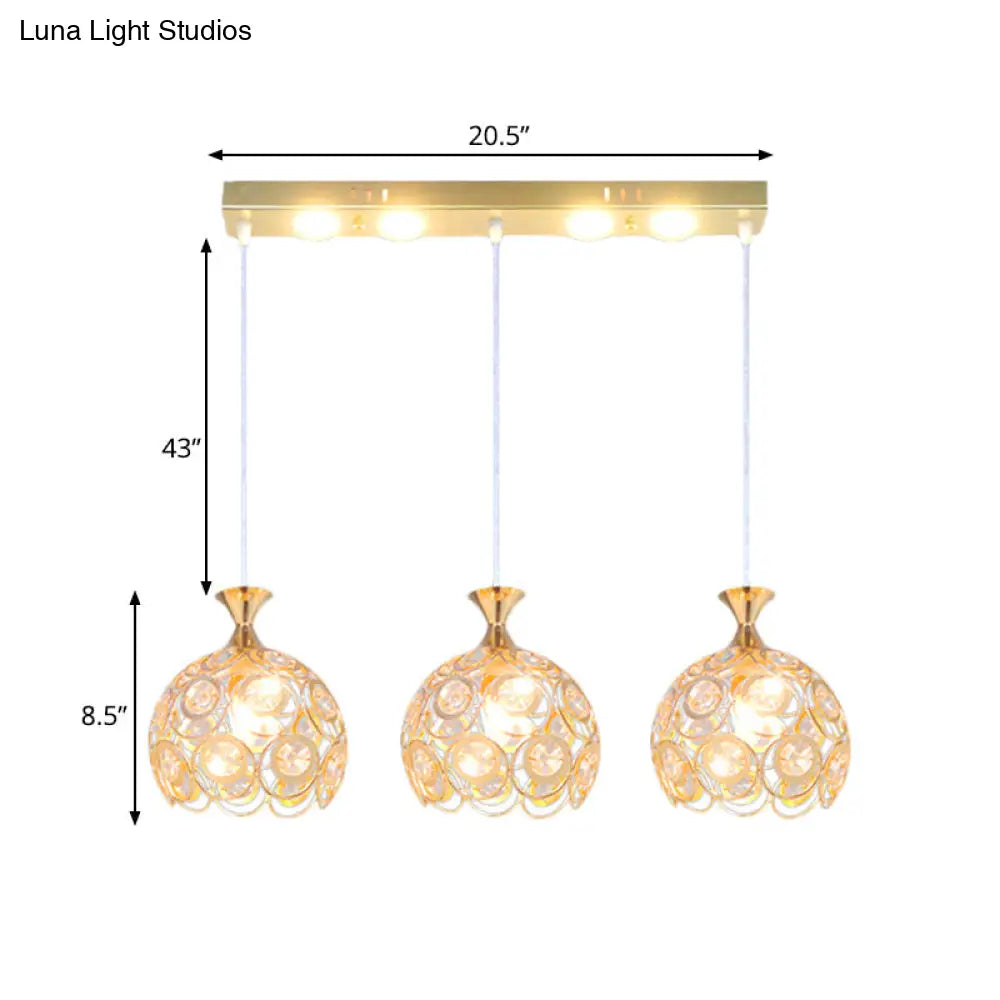 Gold Crystal-Encrusted 3-Bulb Pendulum Pendant Lamp - Modern Dining Room Fixture